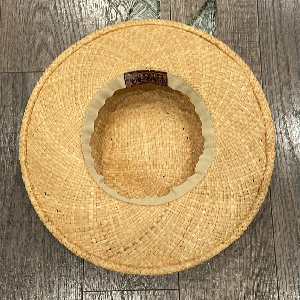 Hawaiian Headwear Straw Hat with Green Print Band & Bow